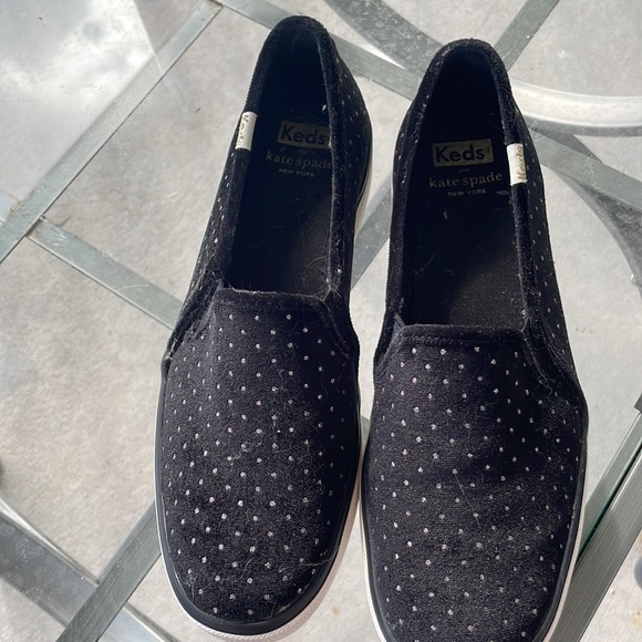 Kate Spade Fuzzy Black and Glitter Studded Keds Loafers - Picture 2 of 5